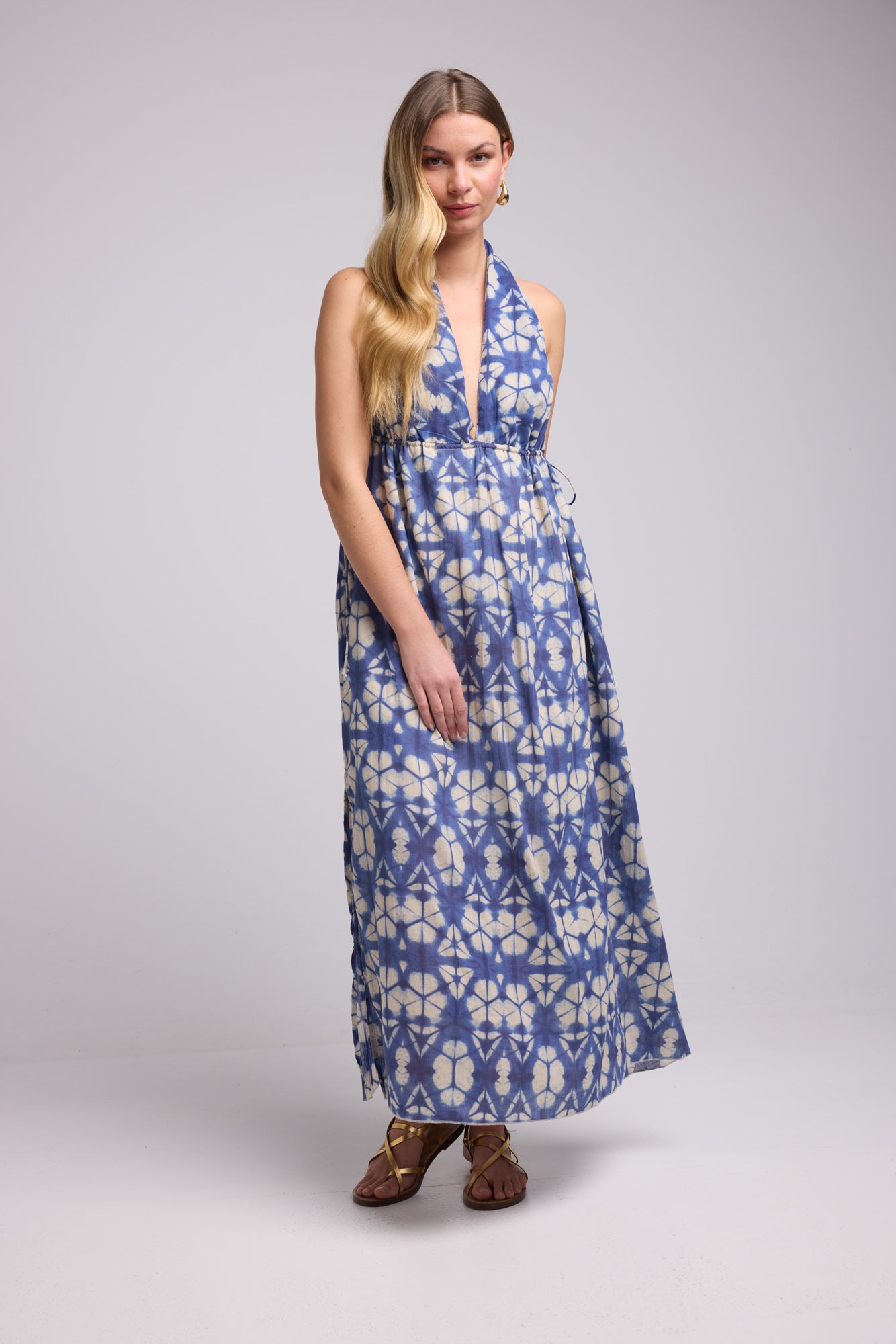 atlas maxi dress Atlas Maxi Dress Silk Fawn Tie Dye | Cream Tie Dye Silk Deep V Open Back Maxi Dress | FARA Boutique