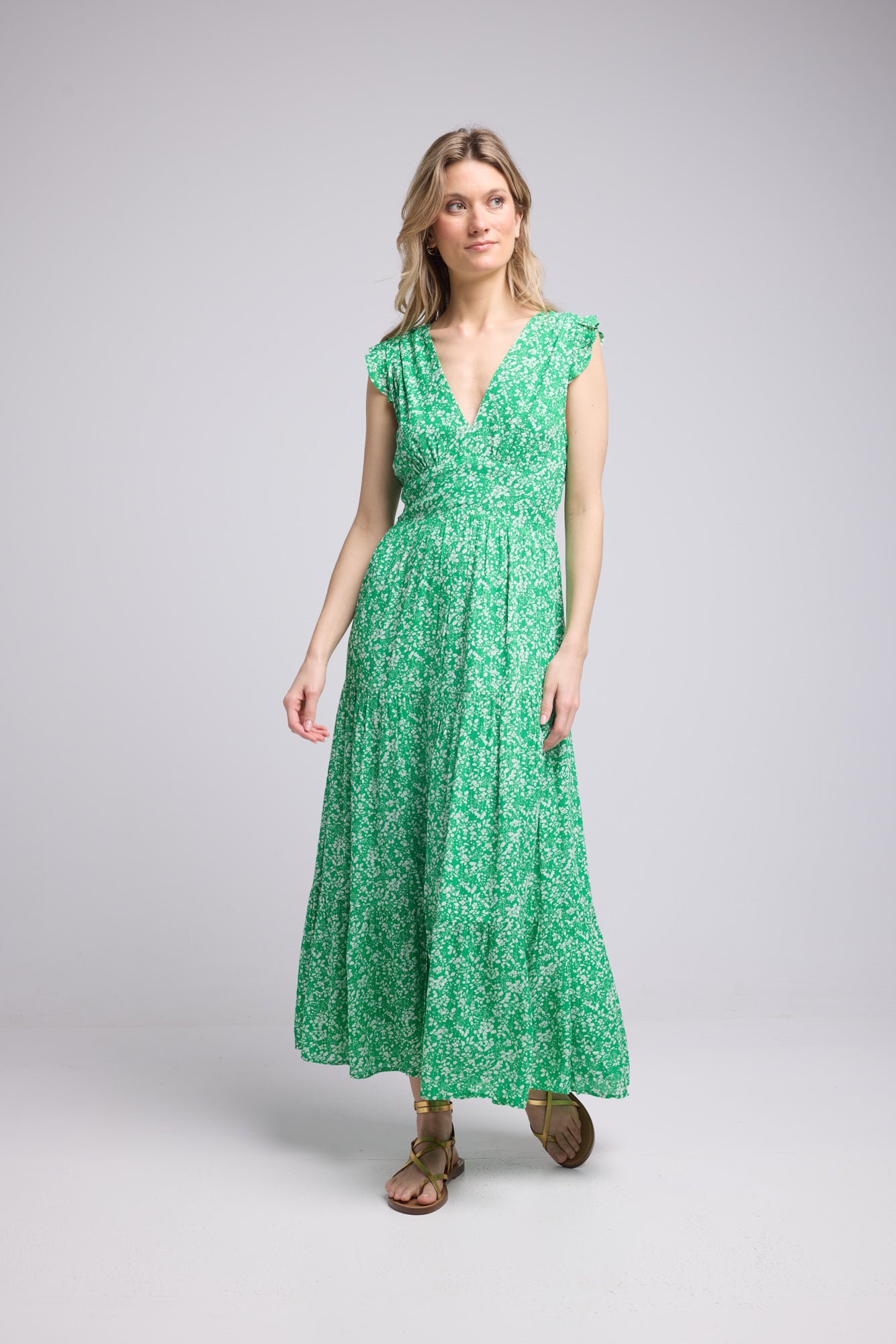 ROBE PENNY LONG/FLEURS VERTES GREEN P815