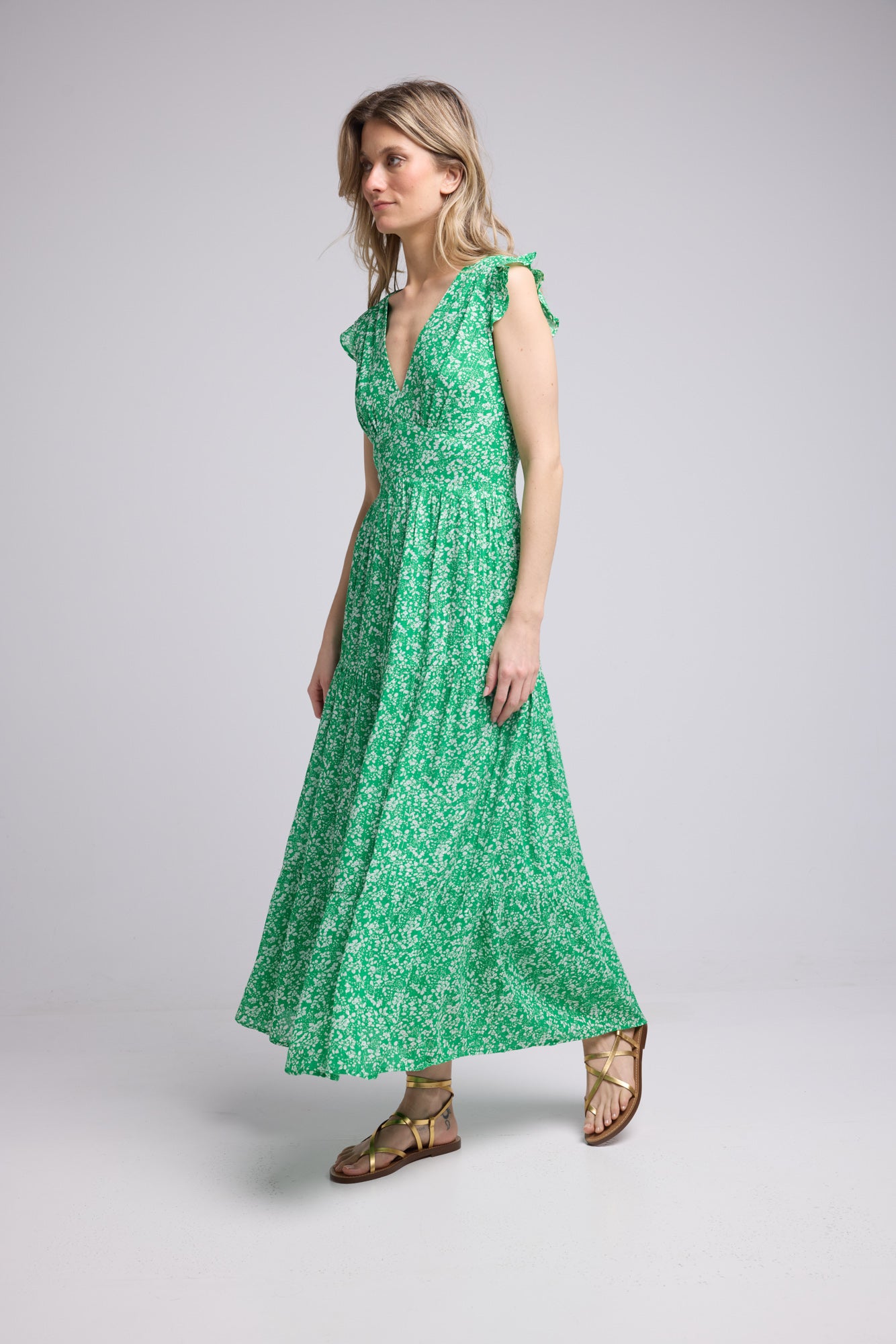 ROBE PENNY LONG/FLEURS VERTES GREEN P815